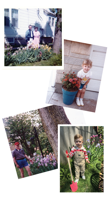 Collage of four vintage-style photos featuring children and grandparents gardening.