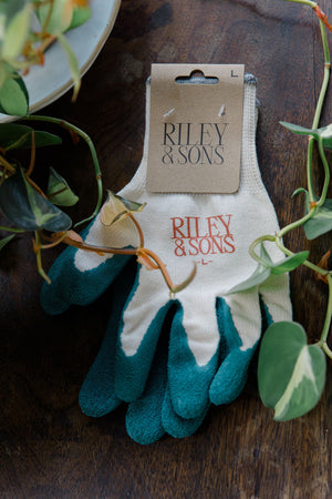 Pair of blue gardening gloves with 'Riley & Sons' branding on a table with houseplants.