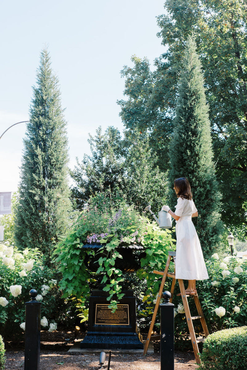 Woman in a white dress standing on a ladder in a garden setting with trees, watering plants.